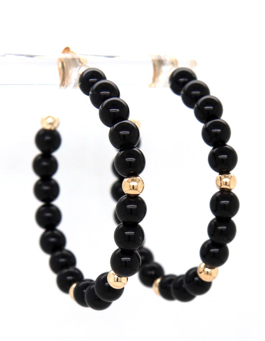 14kt Yellow gold black onyx and gold bead hoop earrings
