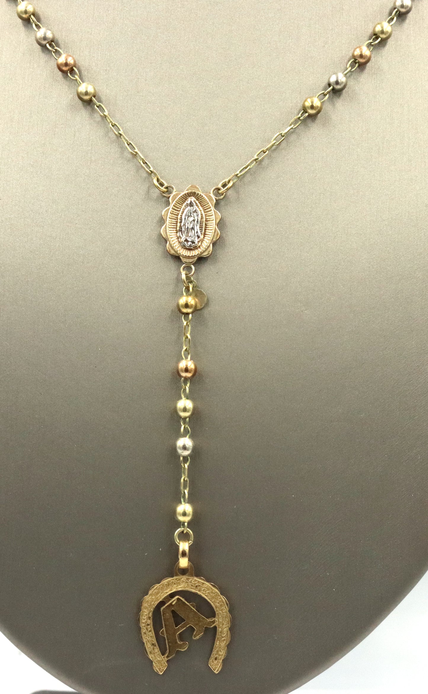 14kt Tri color gold Rosary necklace with A initial