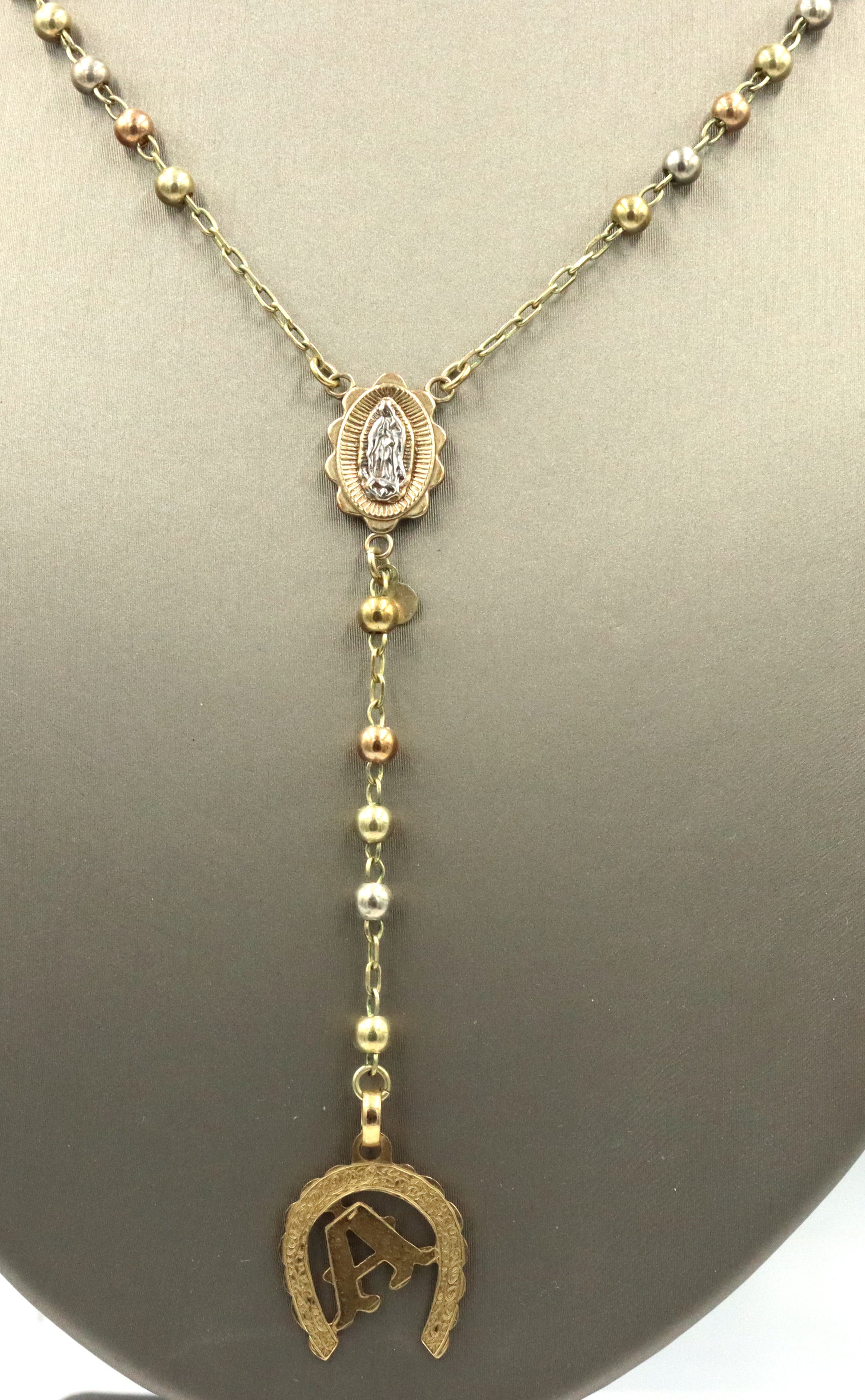 14kt Tri color gold Rosary necklace with A initial