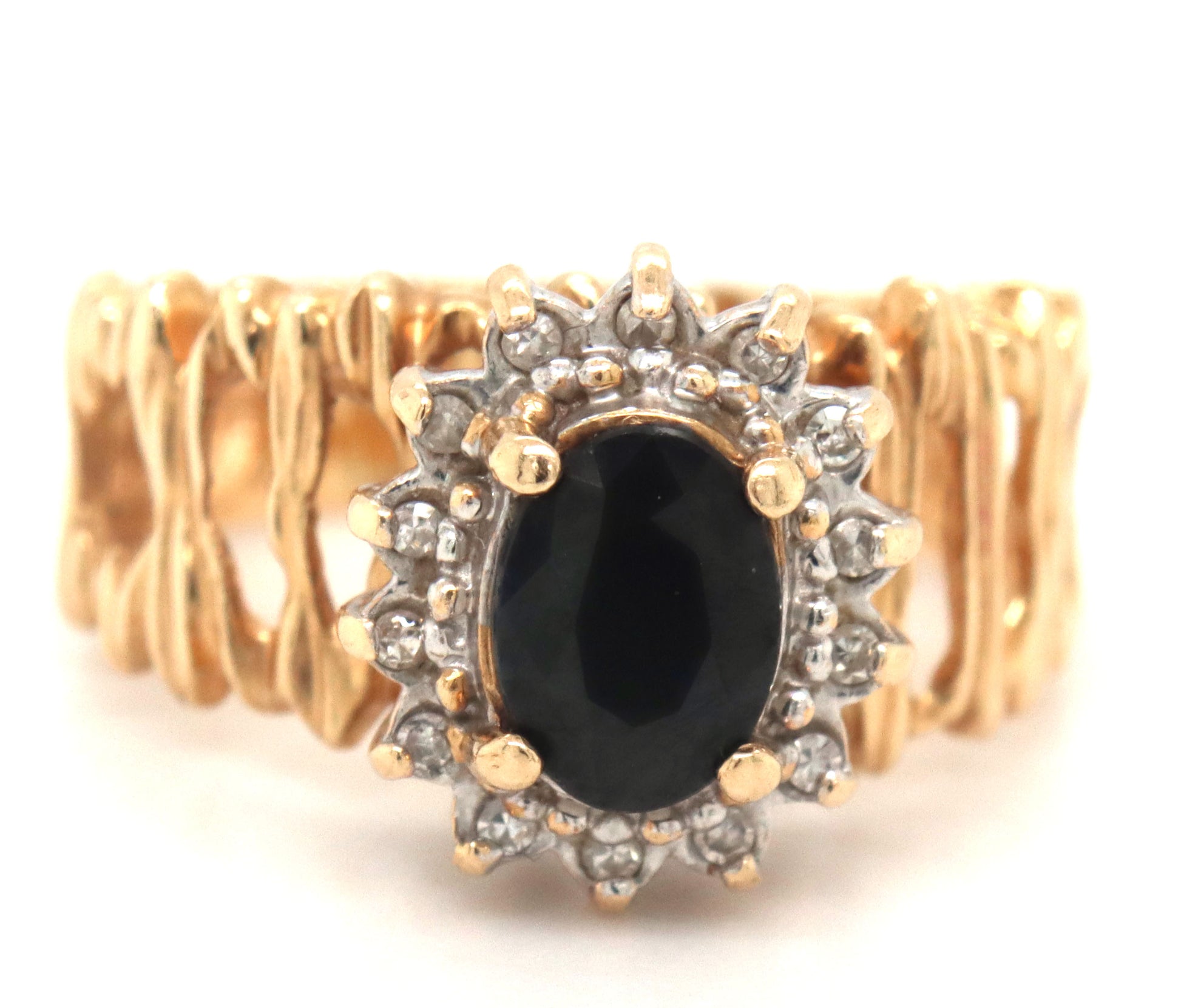 14kt Yellow gold blue sapphire and diamond ring
