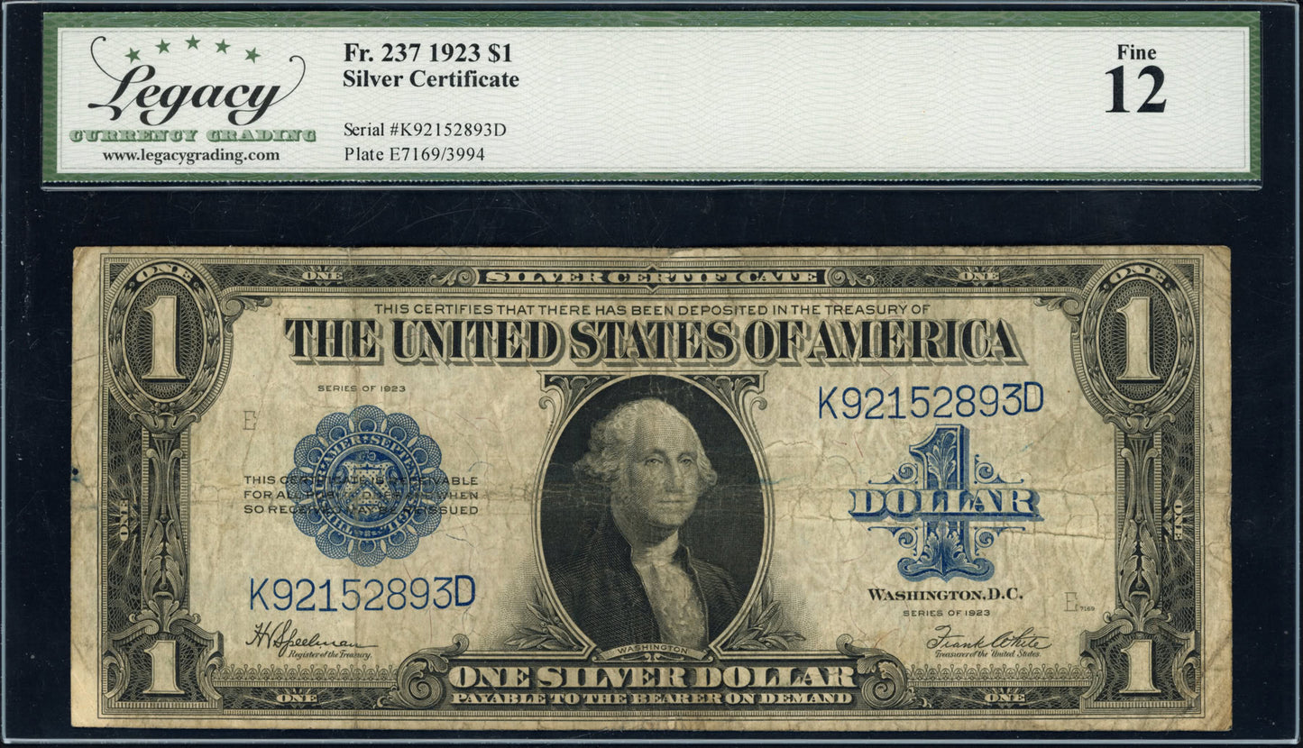 1923 $1 Silver Certificate Fr. 237 Legacy Currency Grading Fine 12 Large Size U.S. Note