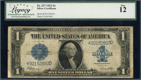1923 $1 Silver Certificate Fr. 237 Legacy Currency Grading Fine 12 Large Size U.S. Note