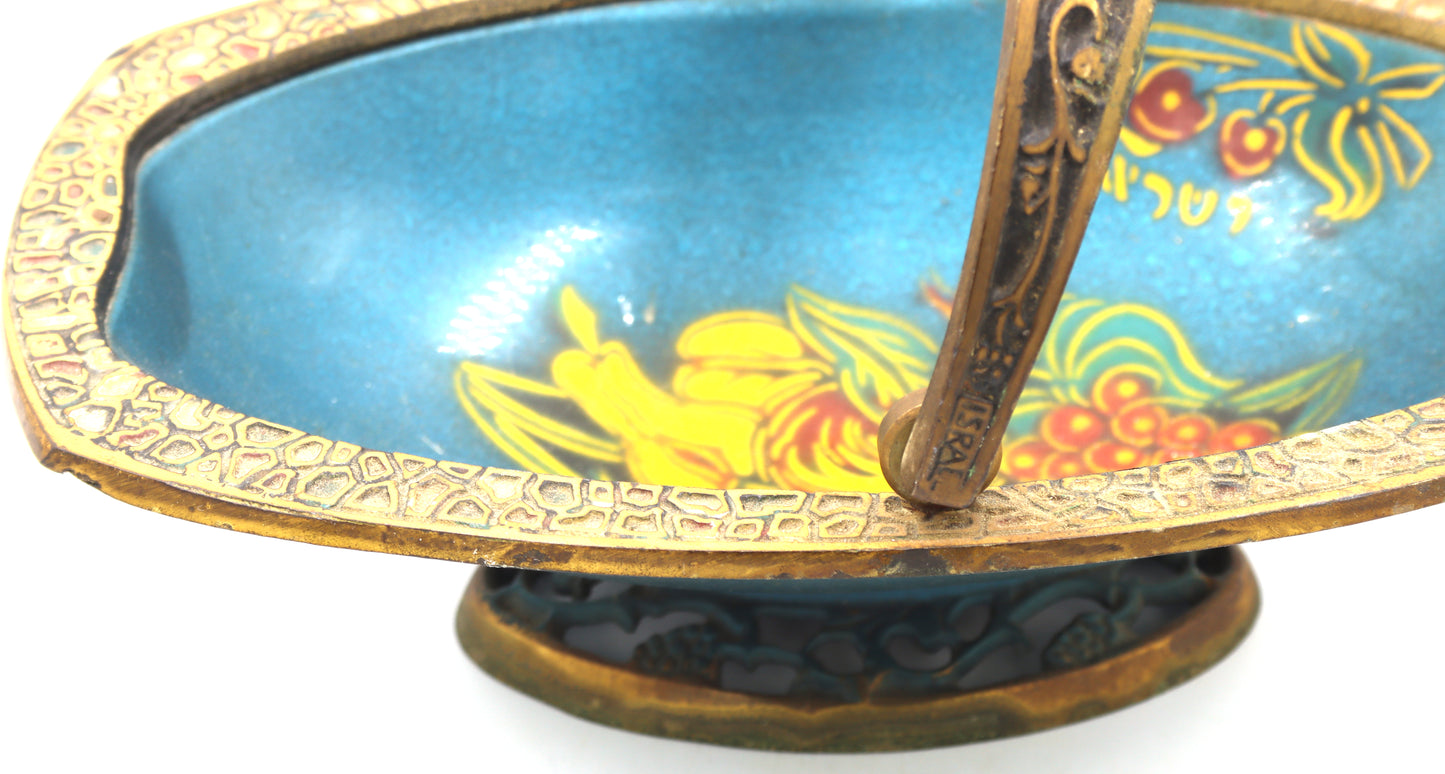 Vintage Judaica brass and Enamel fruit candy dish with handle