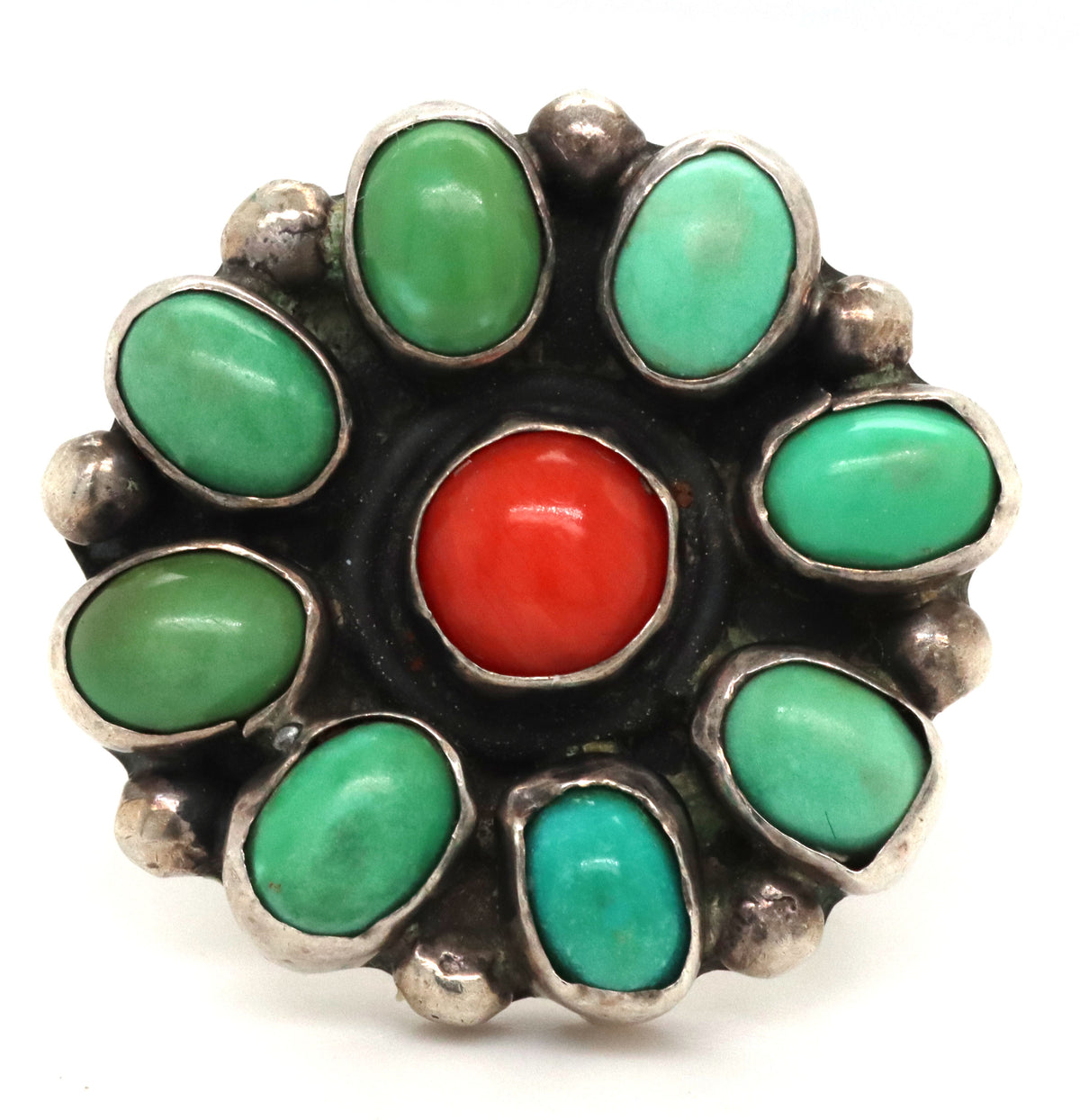 925 Sterling Silver Vintage Navajo Coral And Turquoise Flower Power Ring