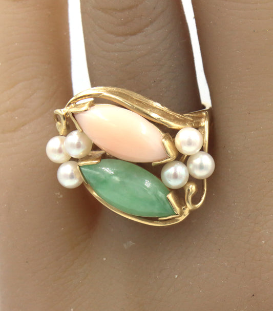 14kt Yellow gold Coral, Jade and pearl ring