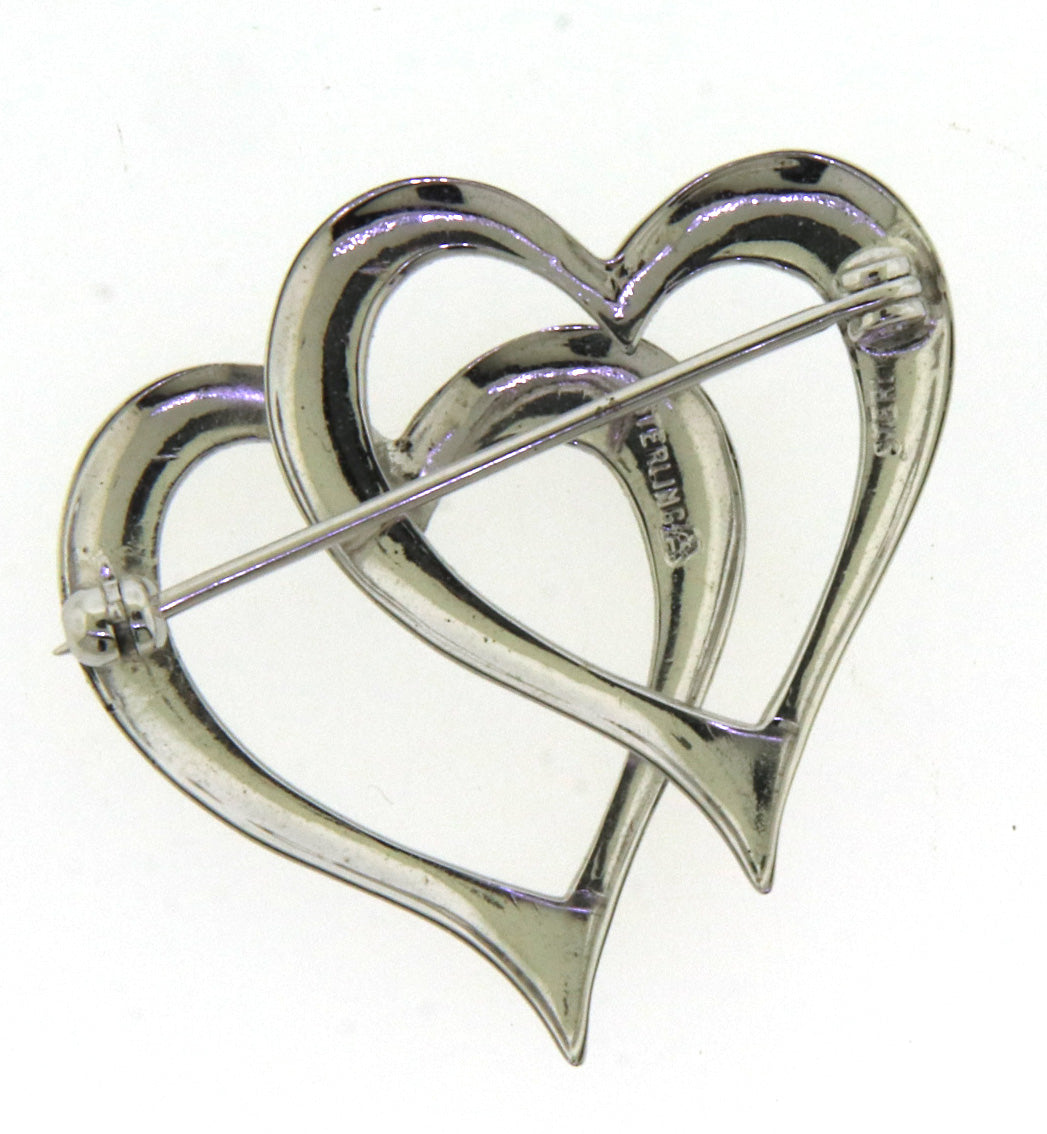 925 Sterling Silver Double Heart Shaped Brooch