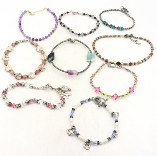 Group lot of 9 Vintage 925 sterling silver crystal beads bracelets