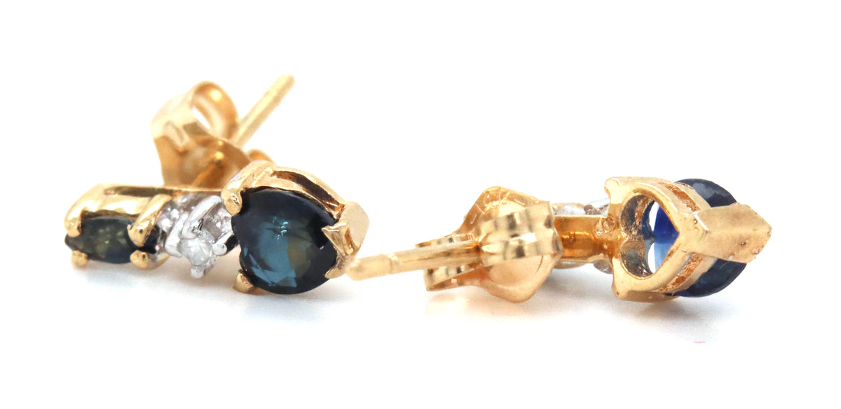 14kt Yellow gold marquise and heart shaped sapphire and diamond stud