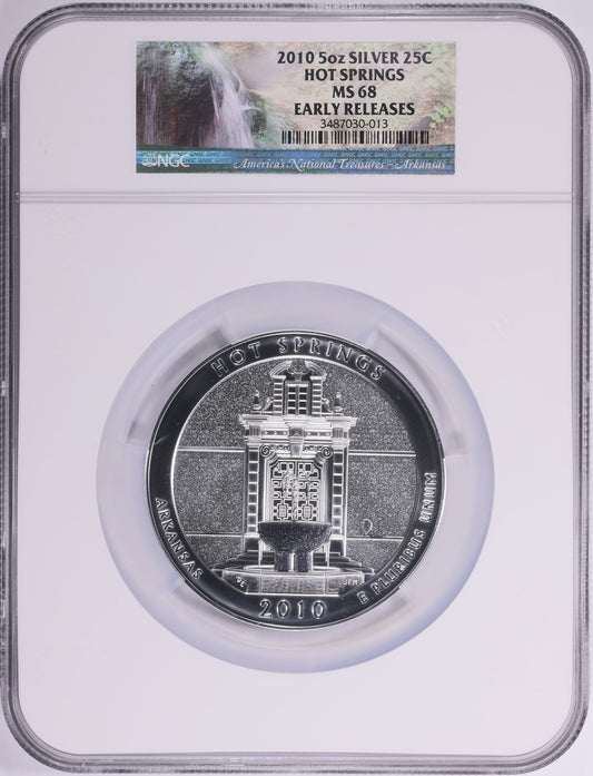 2010-P Hot Springs NP 5 oz Silver Quarter – NGC MS68 Early Releases – America the Beautiful ATB