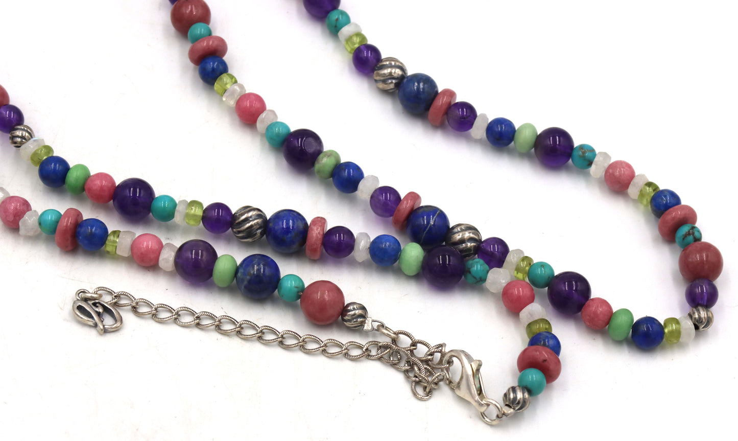 Multi color gemstone and silver beaded necklace