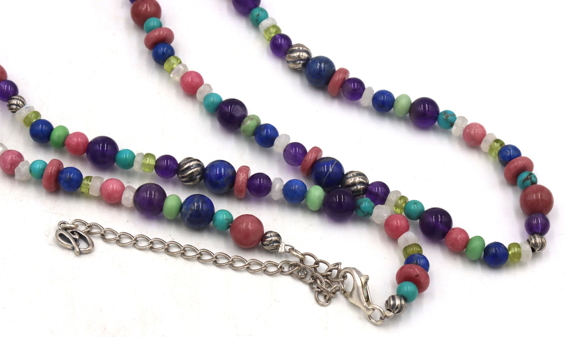 Multi color gemstone and silver beaded necklace