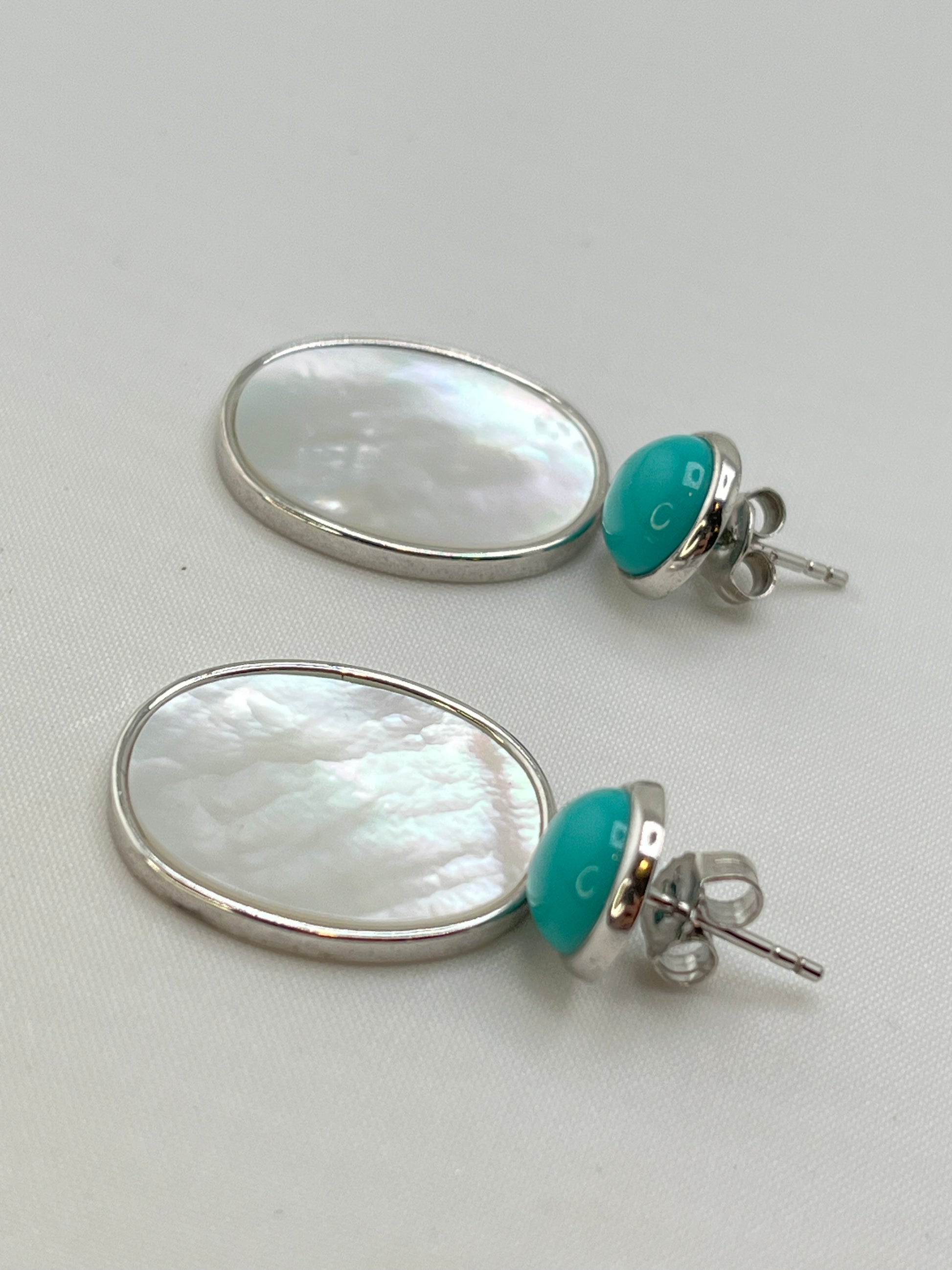 925 Sterling Silver Drop Turquoise And White MOP Earrings