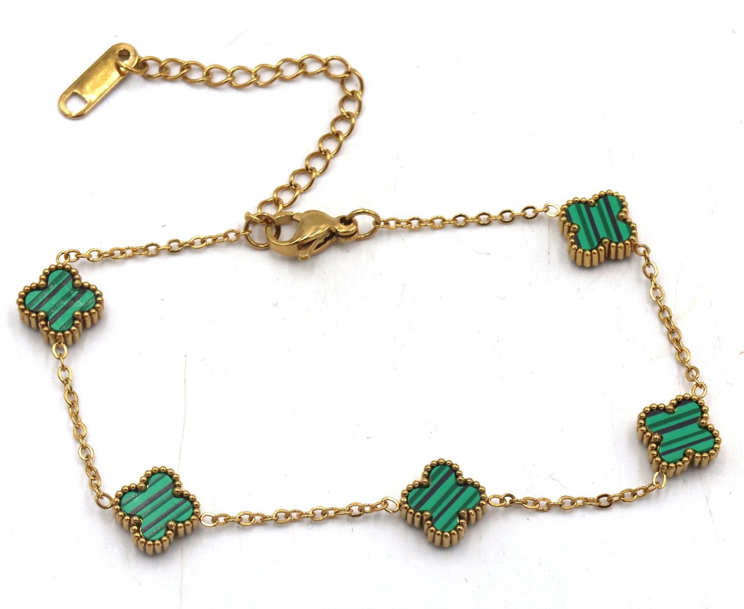 Gold plated Malachite 5 clover adjustable bracelet