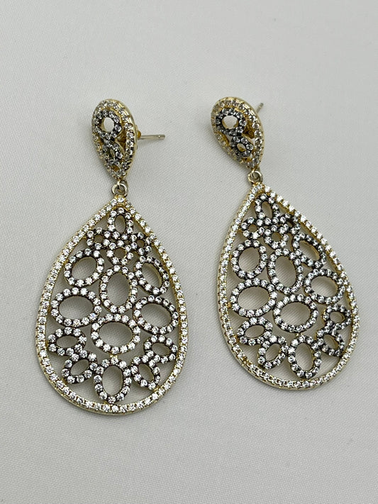 925 Sterling Silver Tear Drop Two Tone Openwork Crystal Pave earrings