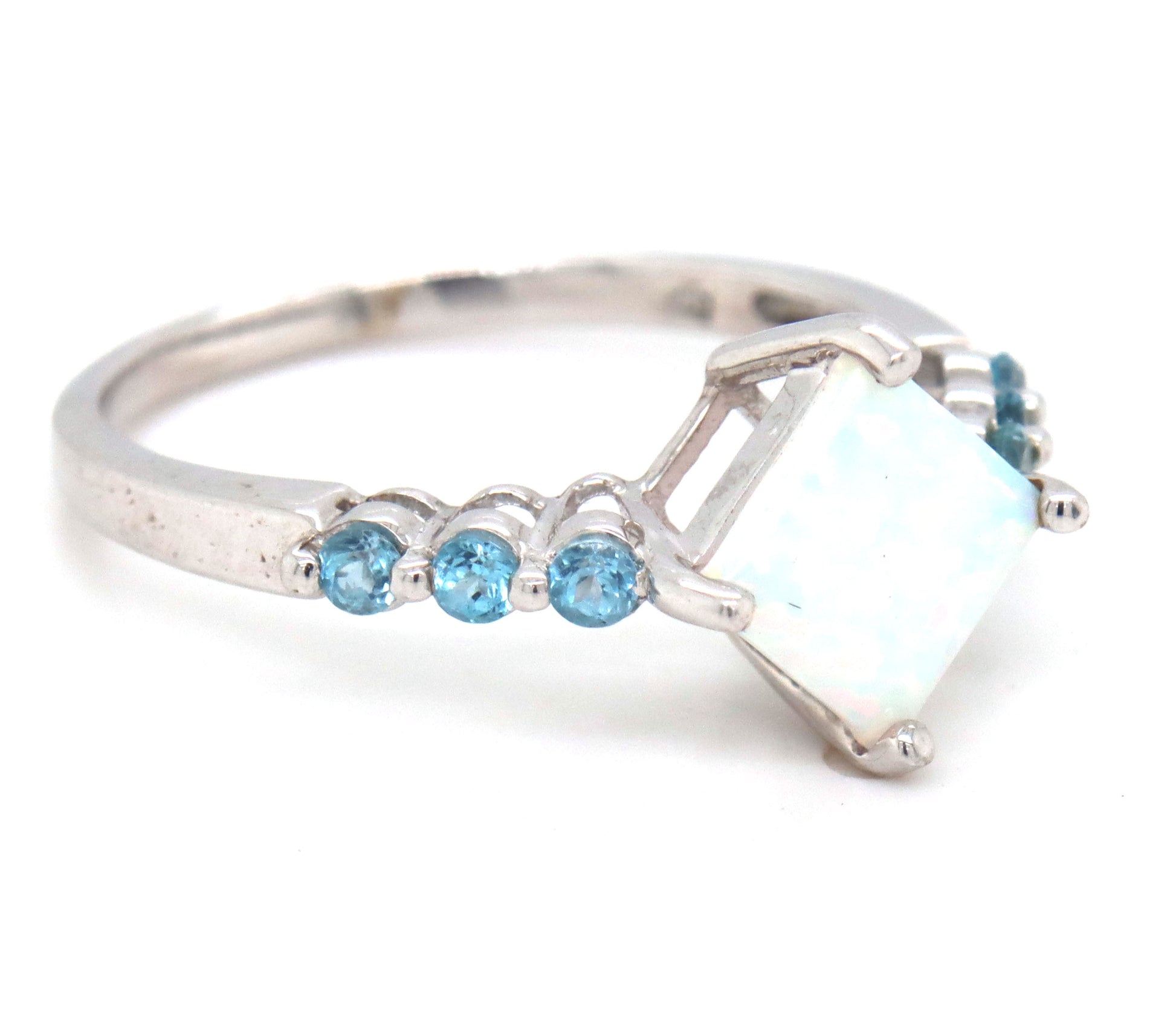 10kt White gold synthetic opal and blue topaz cocktail ring