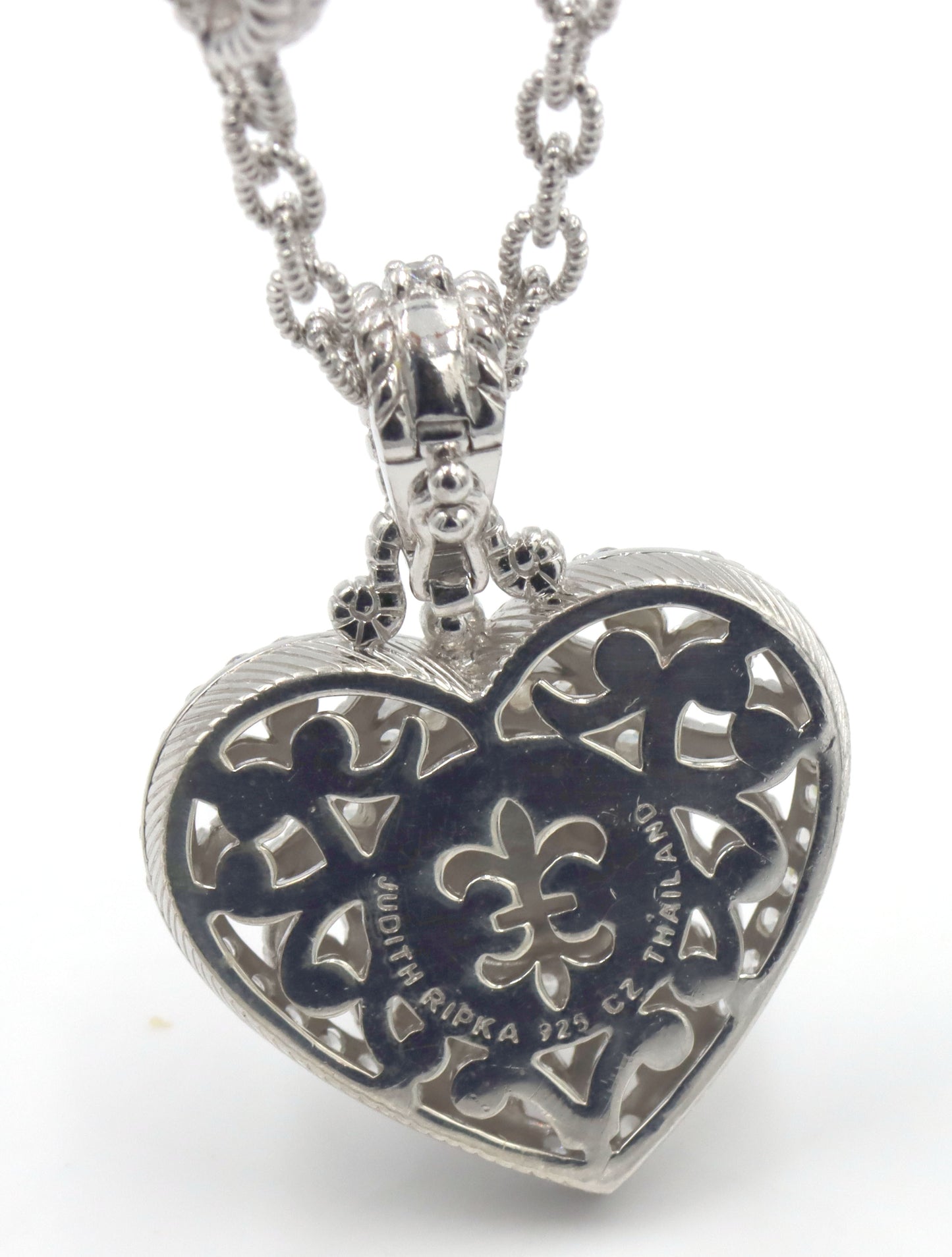 Judith Ripka silver heart station necklace with pink quartz heart enhancer