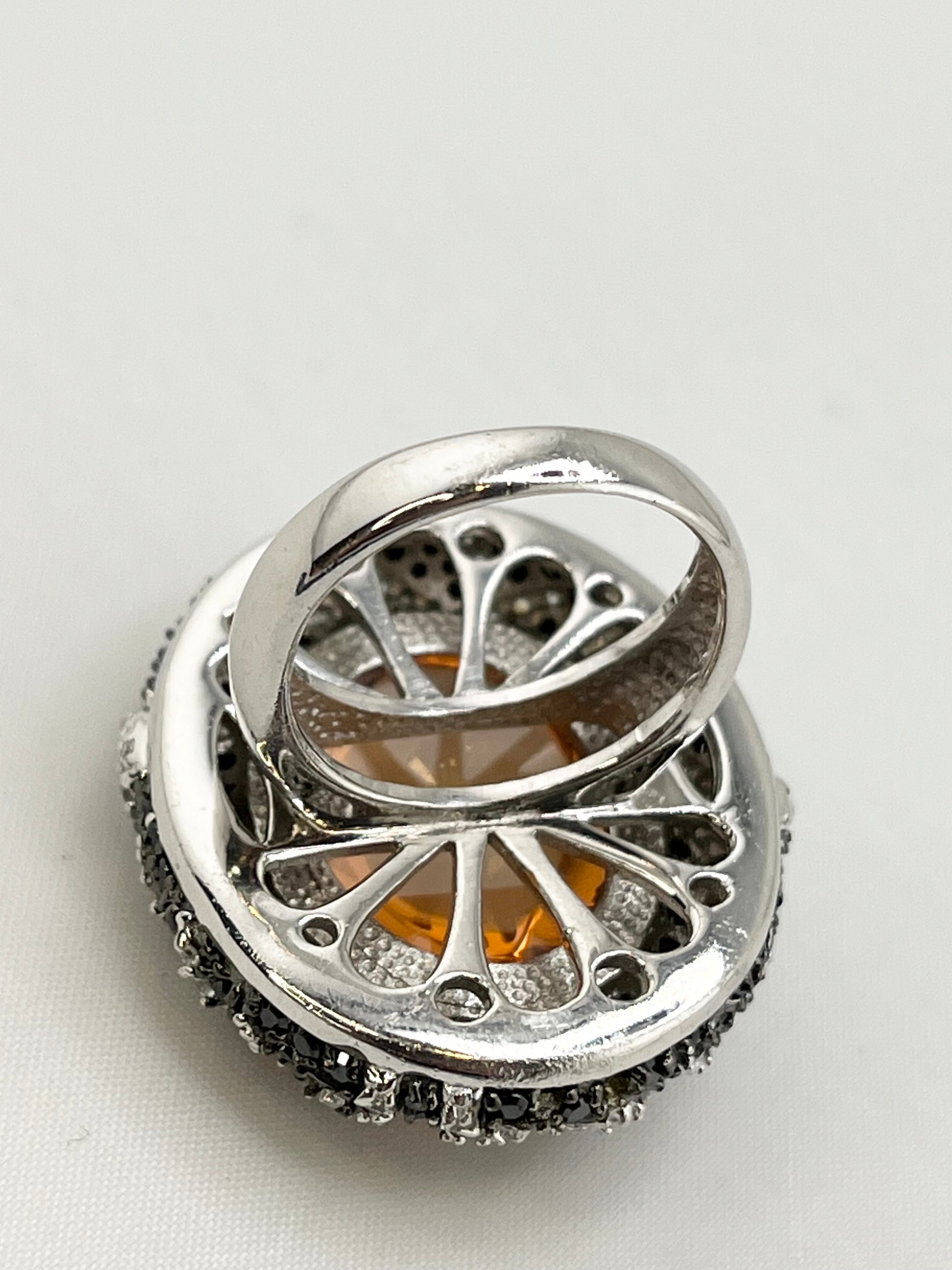 925 Sterling Silver Large Oval Amber Color Stone With Halo And Intricate Black and White Crystal Pav