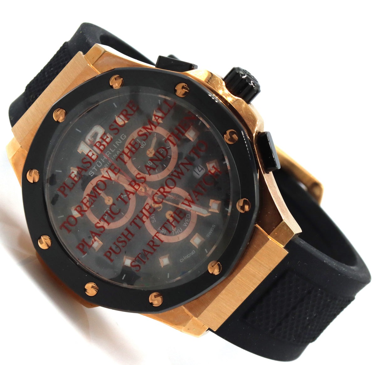 Stuhrling chronograph sports watch black and copper dial