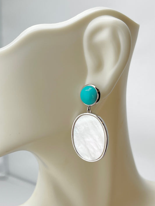 925 Sterling Silver Drop Turquoise And White MOP Earrings