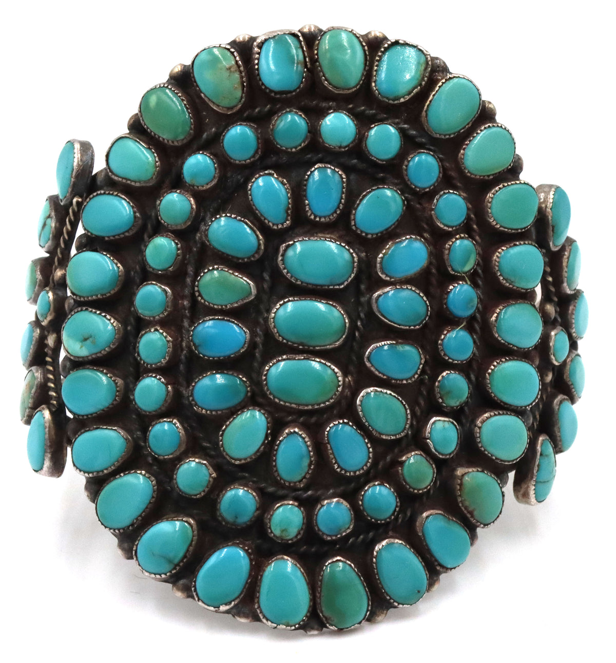925 Vintage Sterling Silver Rare Large Intricate Cluster  Natural Turquoise Cuff Bracelet