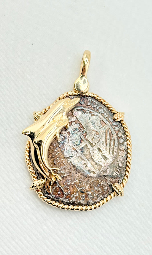 Spanish Clonial Silver Coin With 14Kat Yellow Gold Twisted Edge Bezel and Sculptral Gold Dolphin Ove