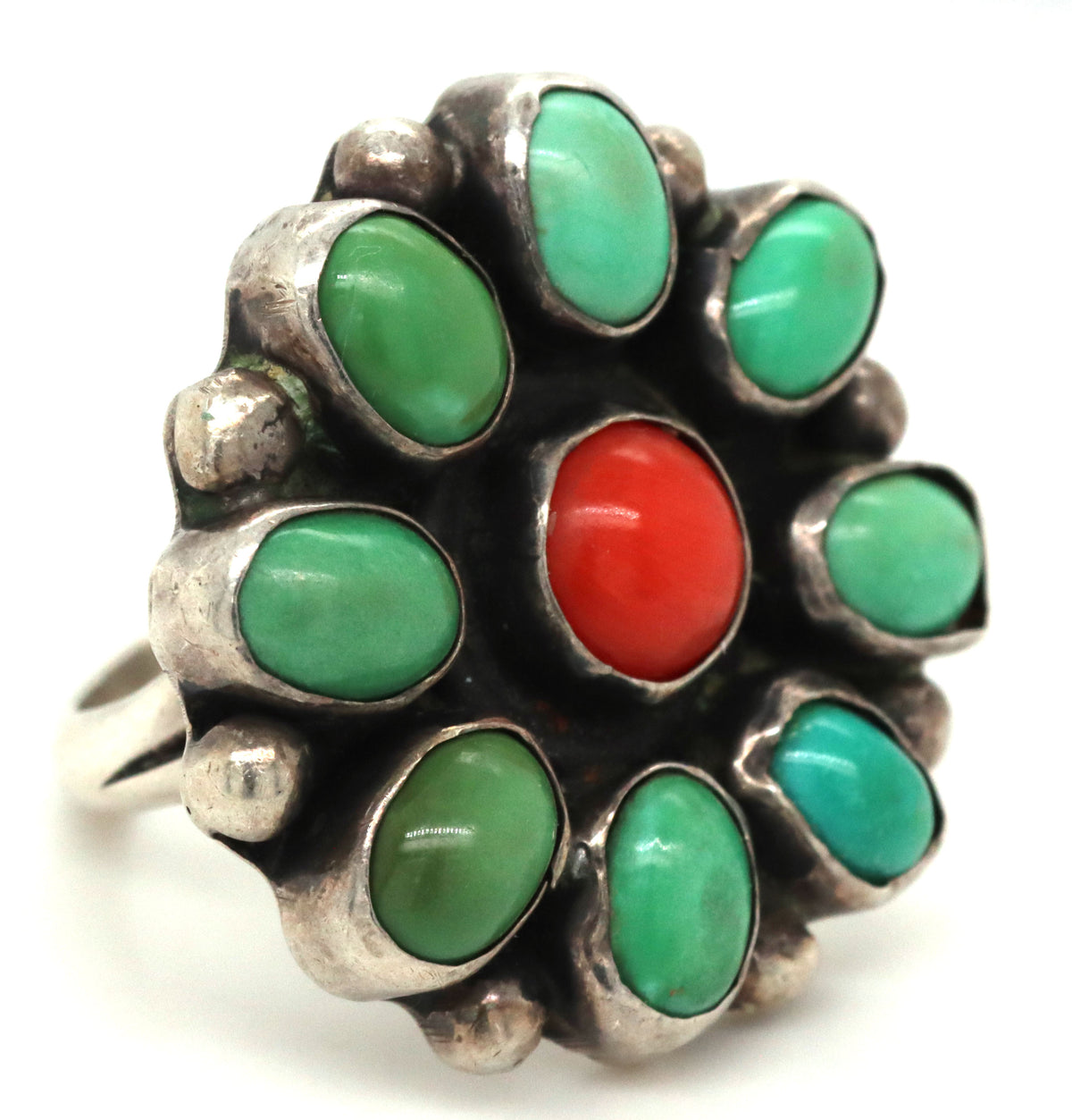925 Sterling Silver Vintage Navajo Coral And Turquoise Flower Power Ring