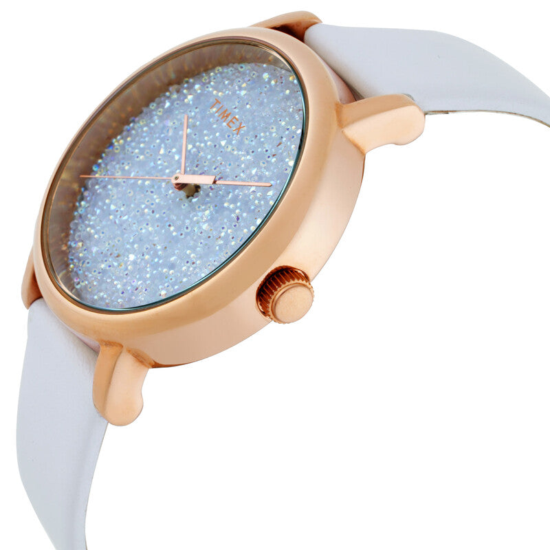 Timex Trend Womens Quartz White Leather Strap Watch Rose Gold Tone White Crystal Dial