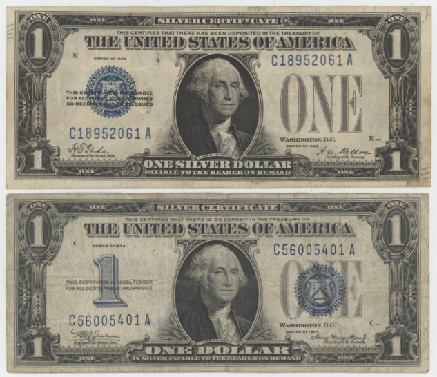 1935A and 1934 $1 Silver Certificates Funny Back Pair Blue Seal U.S. Currency Notes