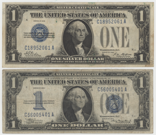 1935A and 1934 $1 Silver Certificates Funny Back Pair Blue Seal U.S. Currency Notes