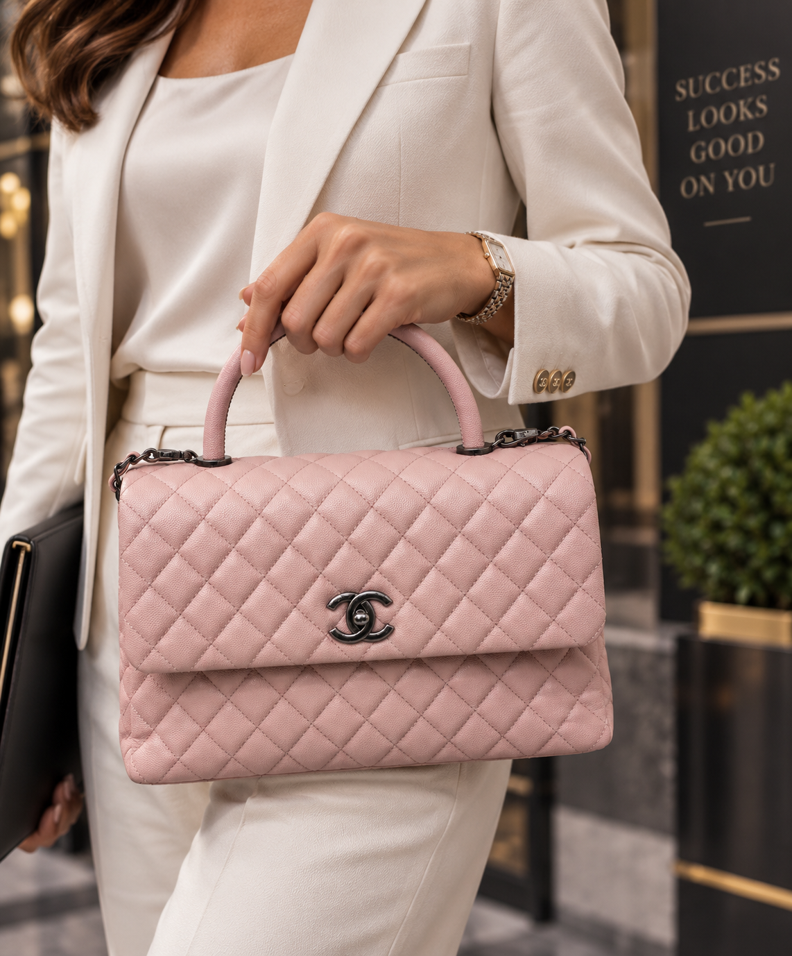 Chanel rectangular flap with top handle pink lambskin purse