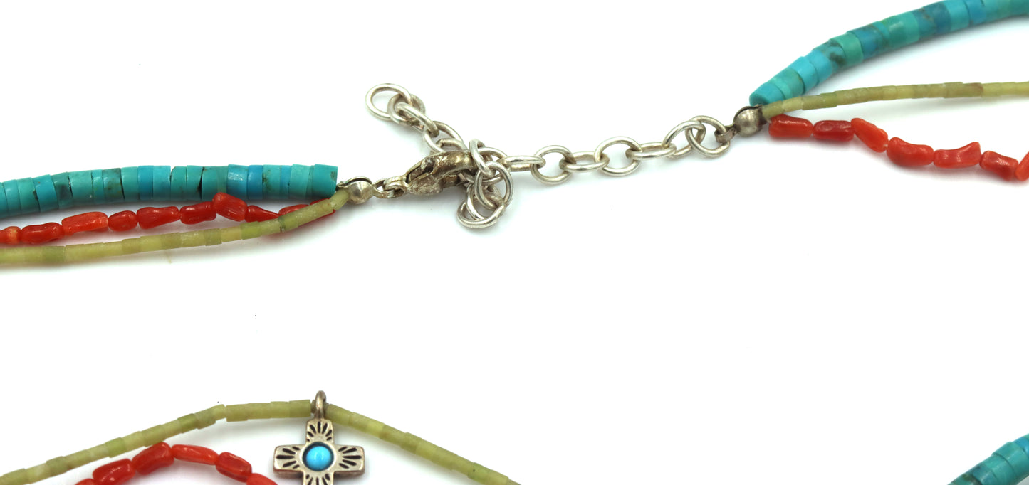 American Indian Navajo 3 strand turquoise and coral necklace with charms