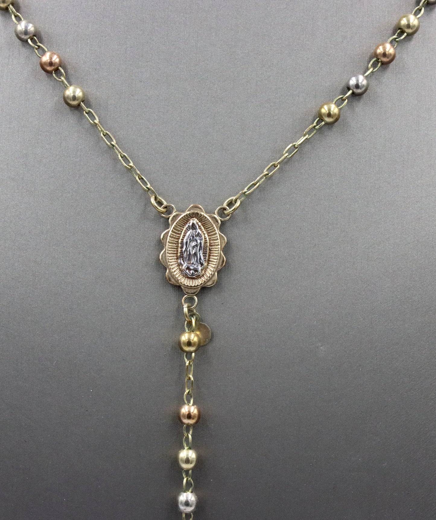 14kt Tri color gold Rosary necklace with A initial