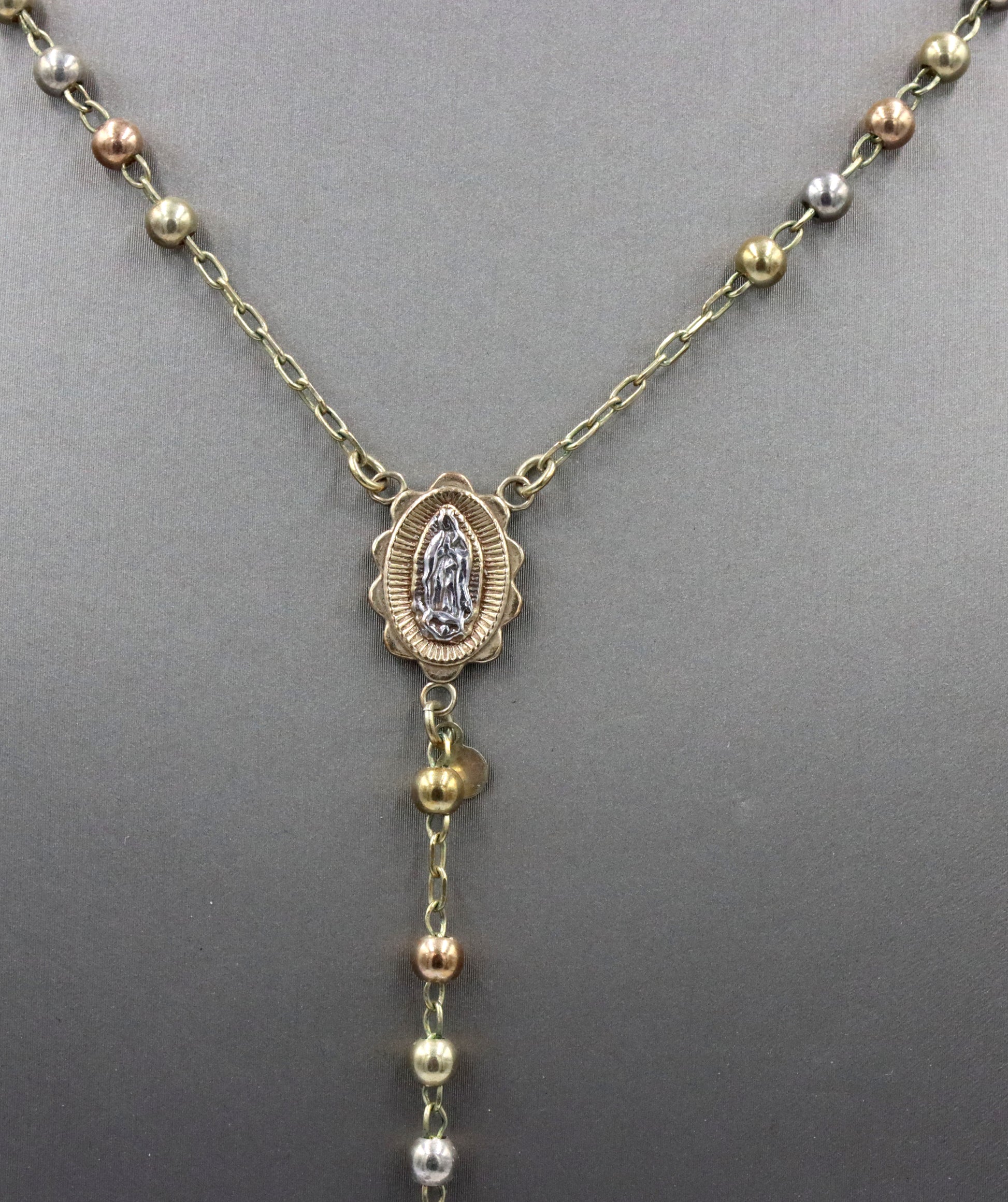 14kt Tri color gold Rosary necklace with A initial