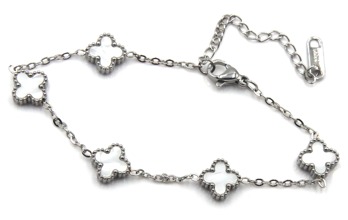 White stone clover bracelet in stainless steel