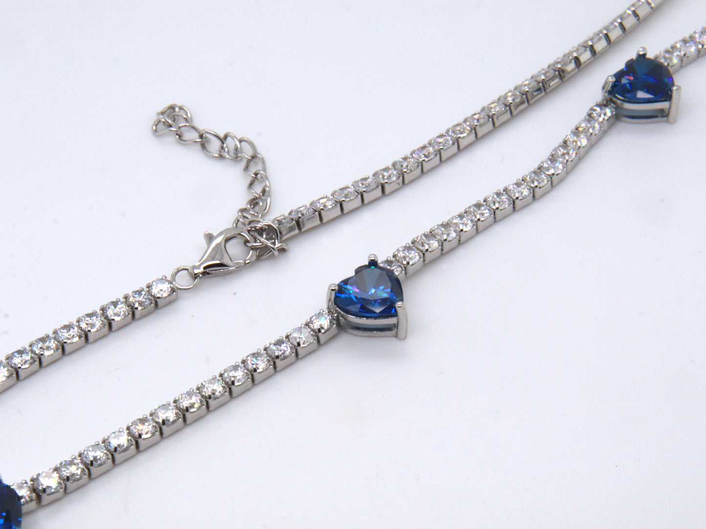 Sterling Silver Blue Heart Shaped Cubic Zirconia w White Cubic Zirconia Necklace