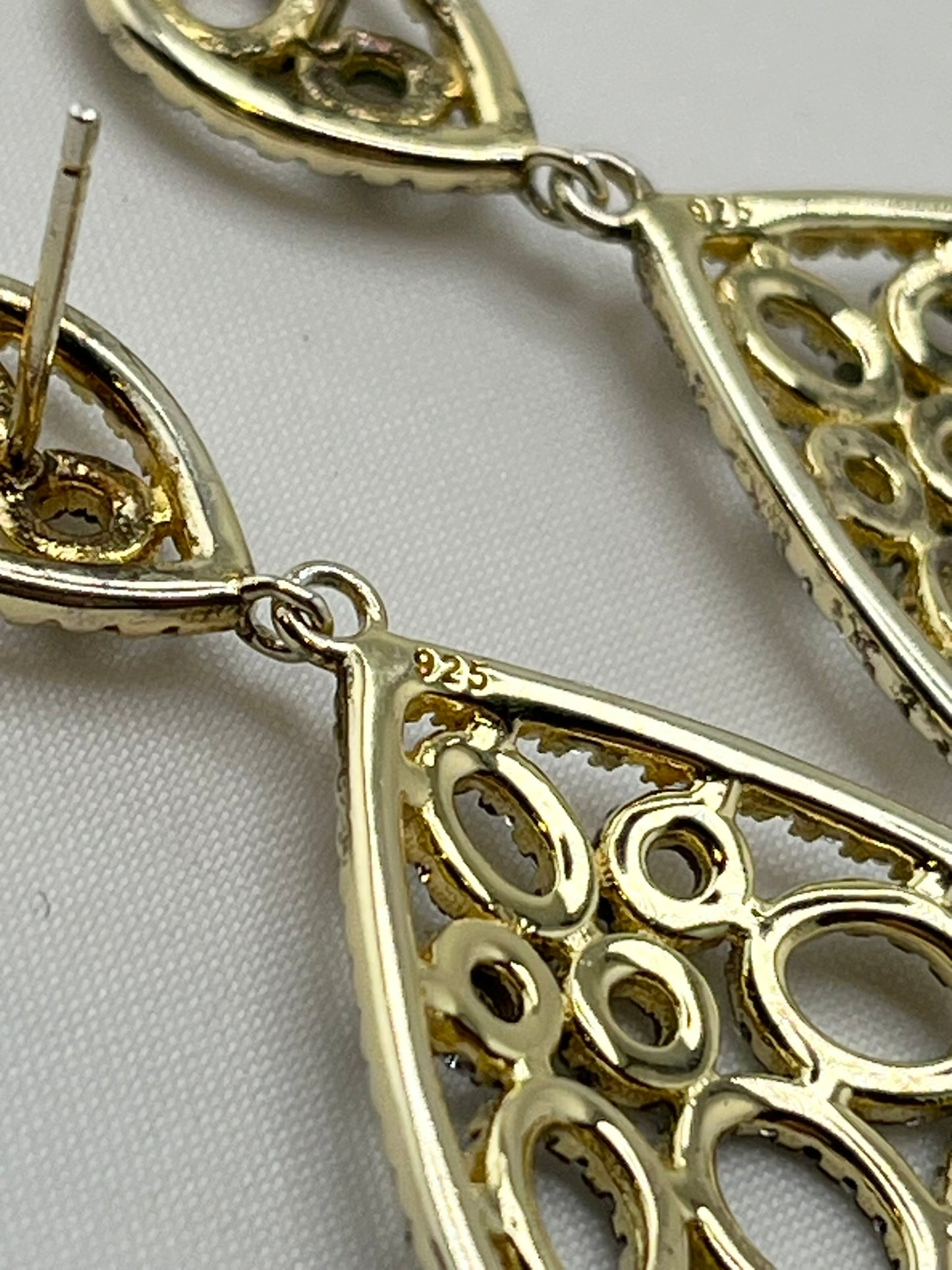 925 Sterling Silver Tear Drop Two Tone Openwork Crystal Pave earrings