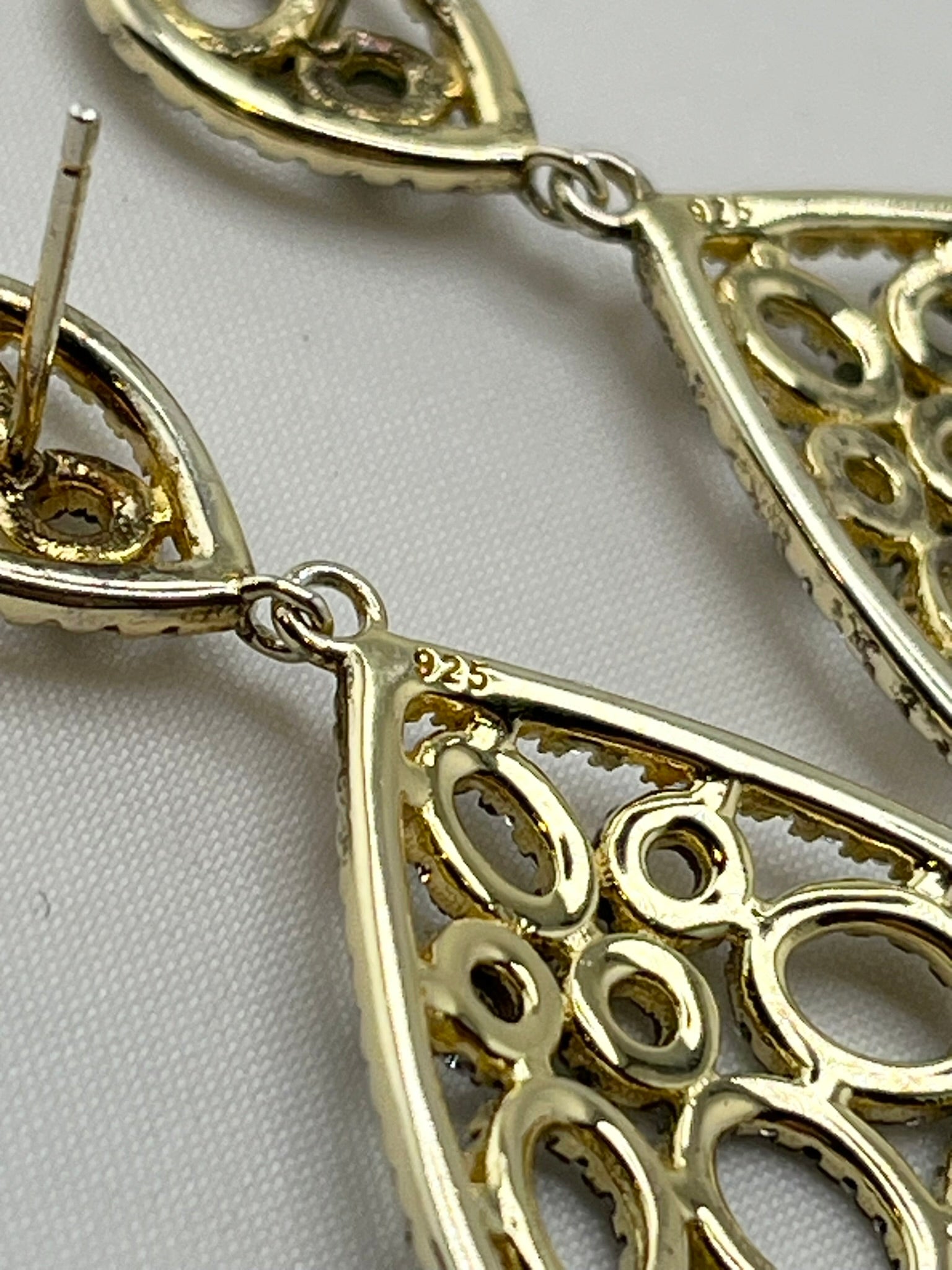 925 Sterling Silver Tear Drop Two Tone Openwork Crystal Pave earrings