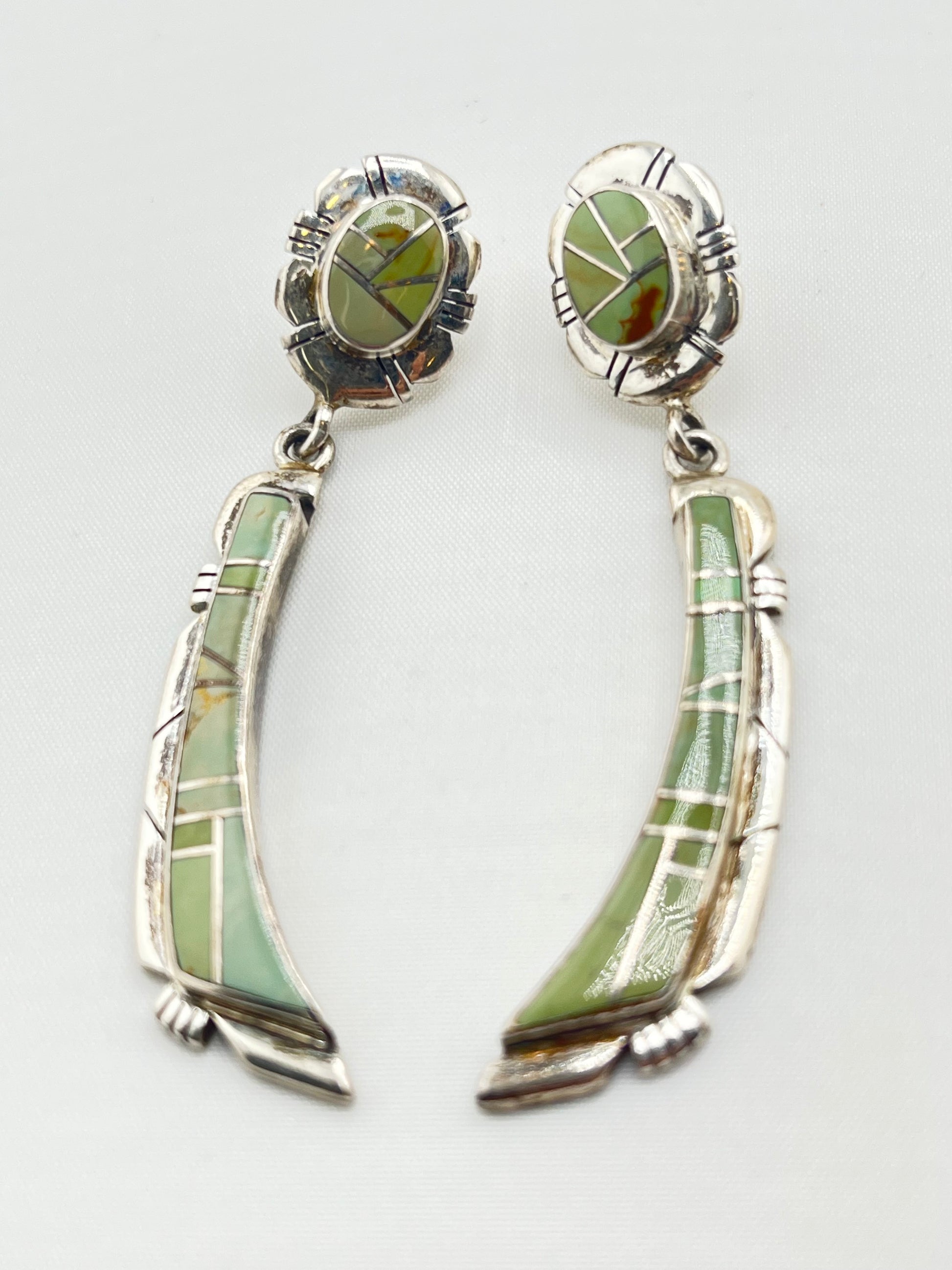 925 Sterling Silver Native American Navajo Drop Green Turquoise Earrings