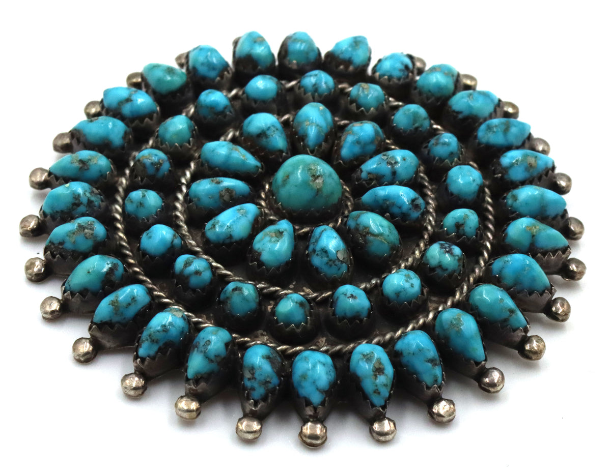 925 Sterling Silver Zuni Navajo Turquoise Cluster Round Brooch