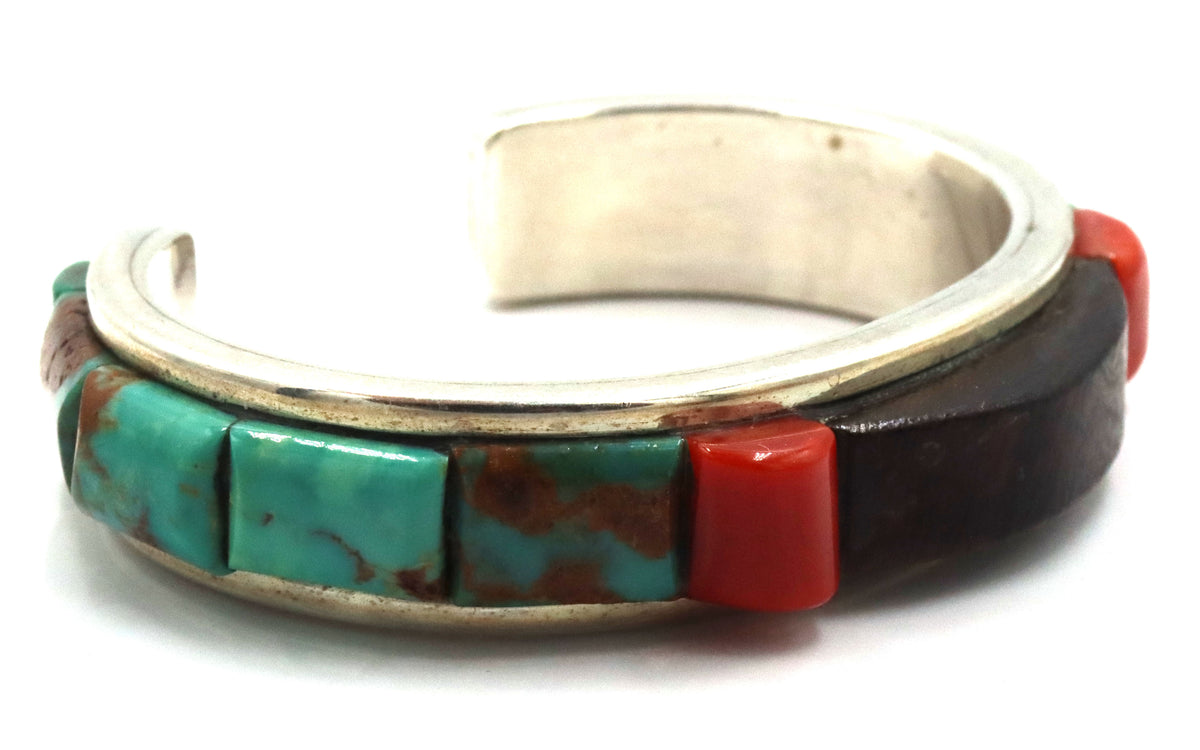 Lyndon B. Tsosie 925 Sterling Silver Vintage Tufacast Turquoise Coral And Jet Cuff Bracelet