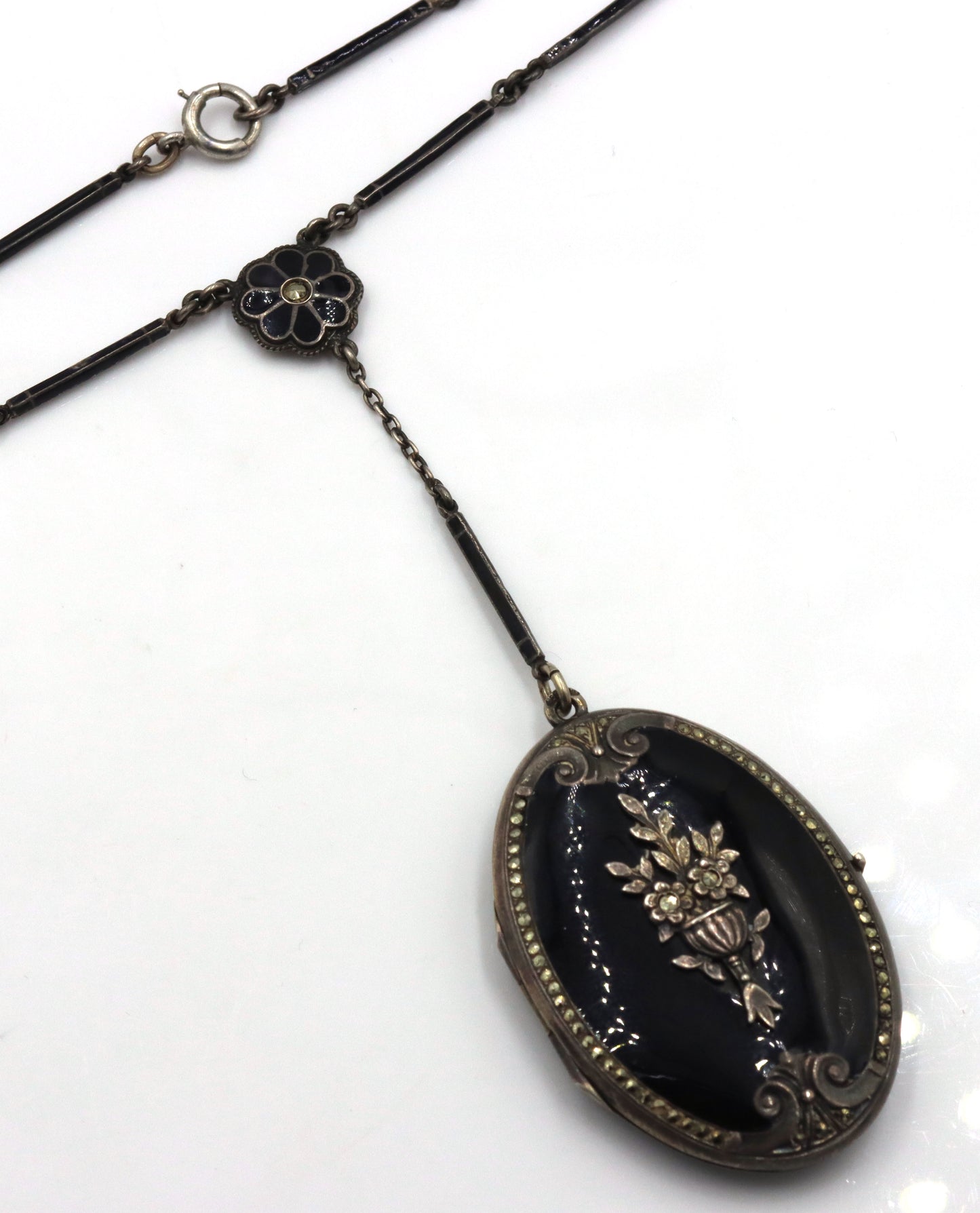 Vintage 925 sterling silver black onyx photo locket pendant lariat necklace