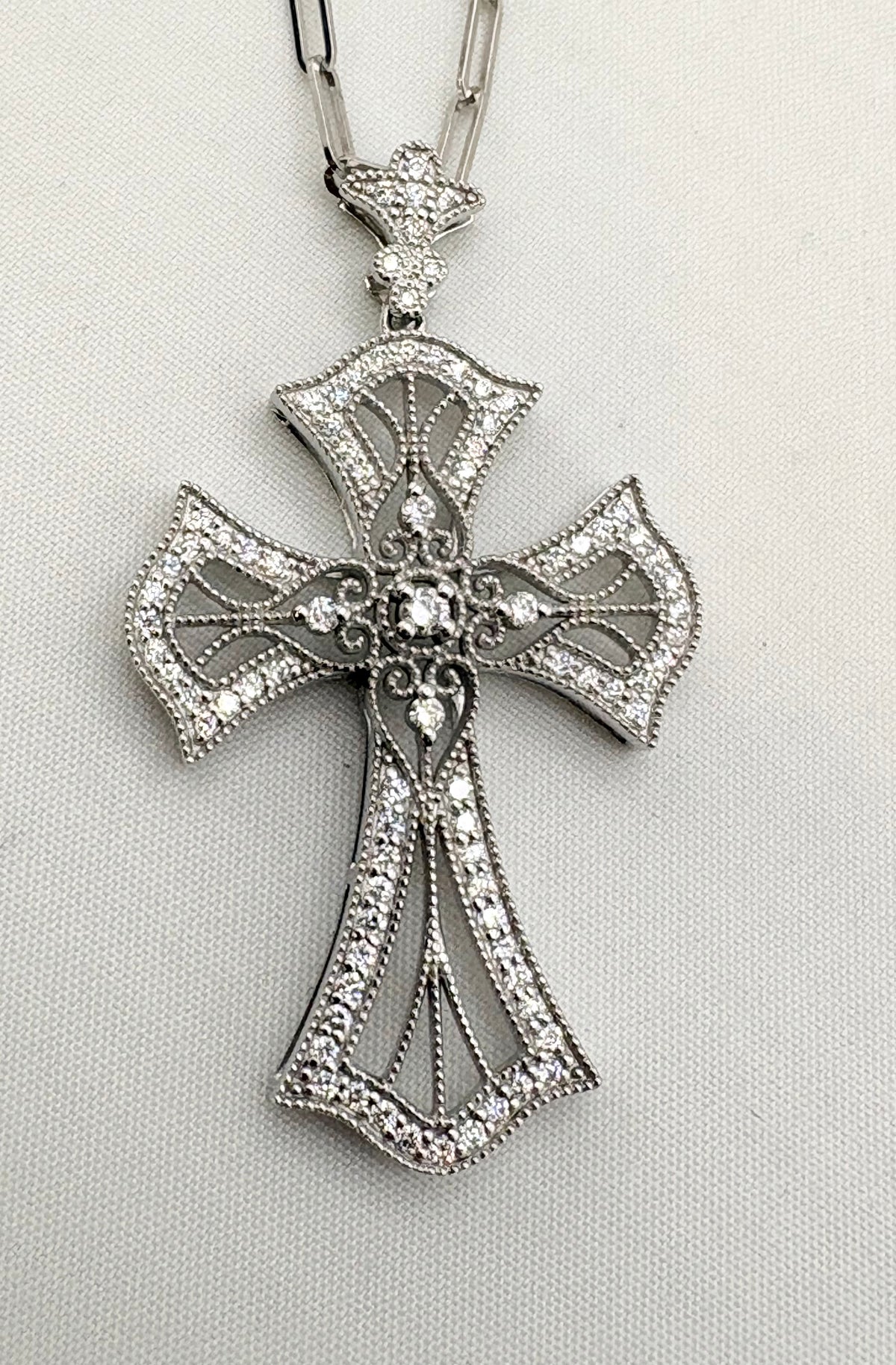 14KT White Gold Ornate Gothic Natural Diamond Pave Cross With Beautifil Paper Clip Chain Necklace