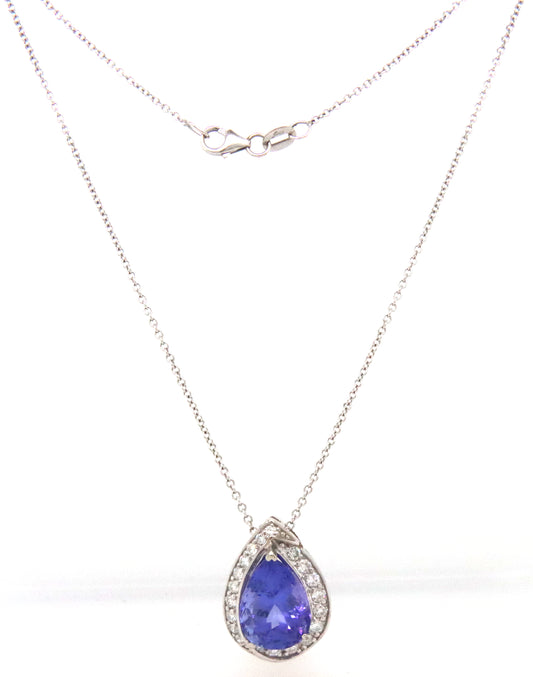 14KT White Gold 3.5CT Pear Shape Tanzanite Bezel Set In Ntural Diamonds Necklace