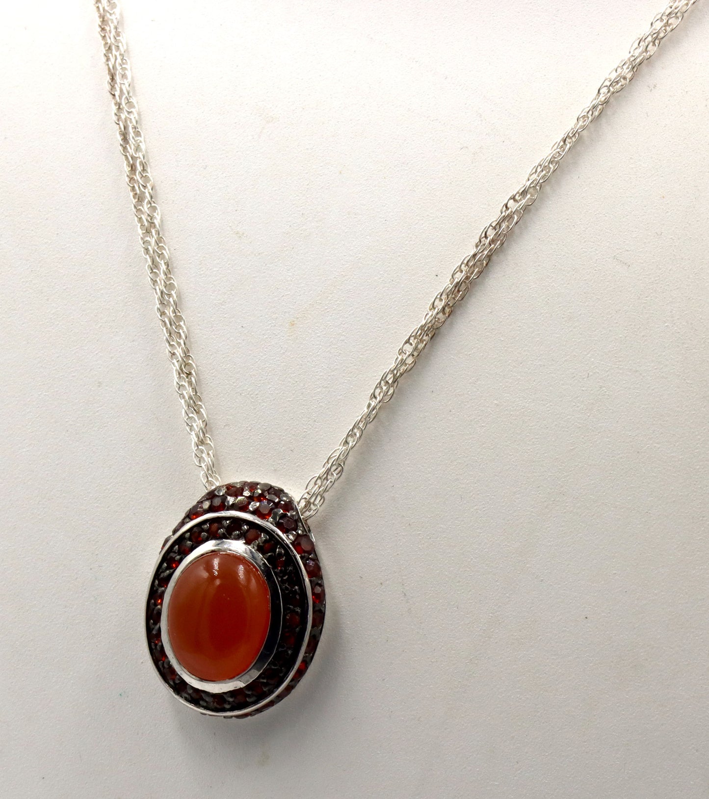 925 Sterling silver signed orange Jade pendant on double chain necklace
