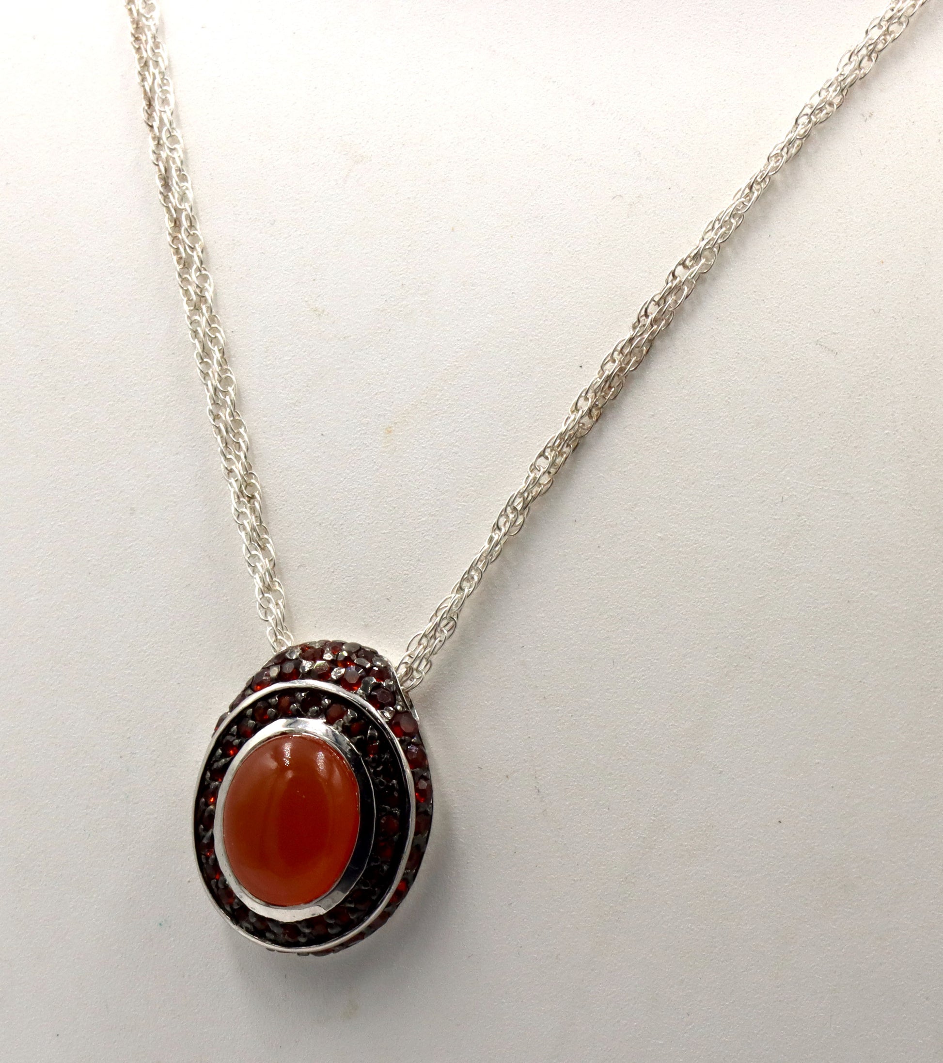 925 Sterling silver signed orange Jade pendant on double chain necklace