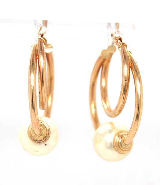 14kt Yellow gold white fresh water pearl double hoop earrings