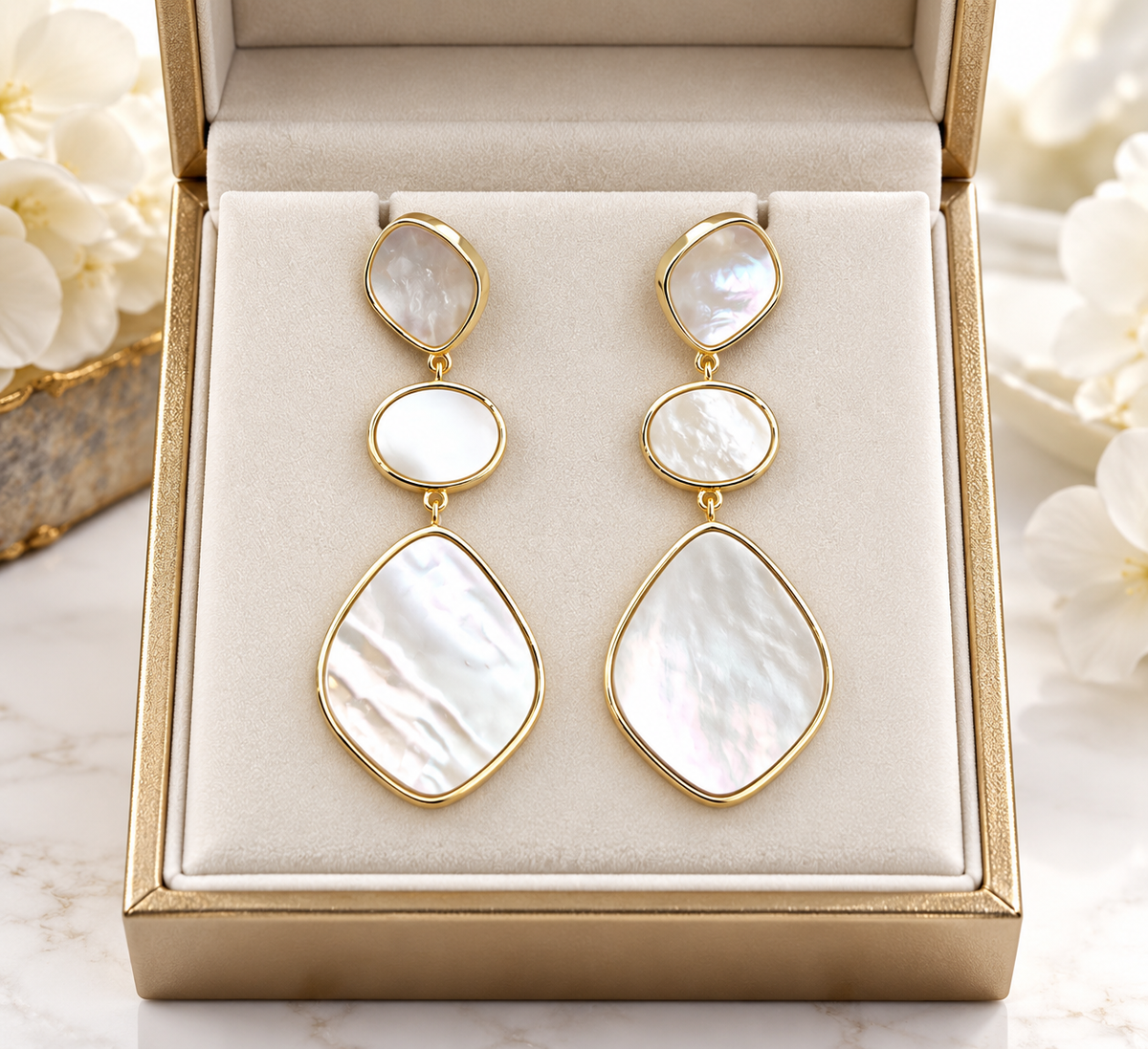 925 Gold Tone Sterling Silver  Mother of Pear; Three Drop Earrings