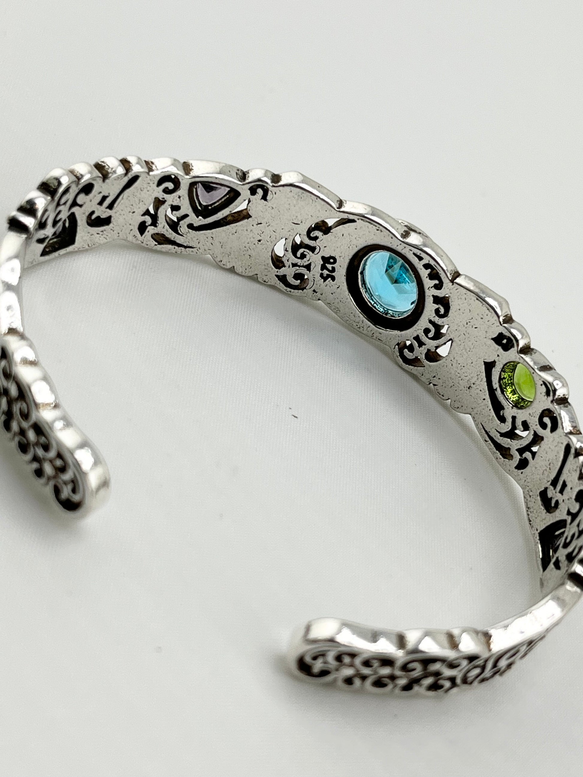 925 Sterling Silver Filigree Design Multi Volor Gemstone Cuff Bracelet