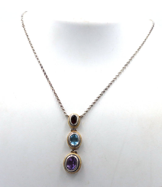 925 Sterling silver signed amethyst, blue topaz and garnet pendant on chain