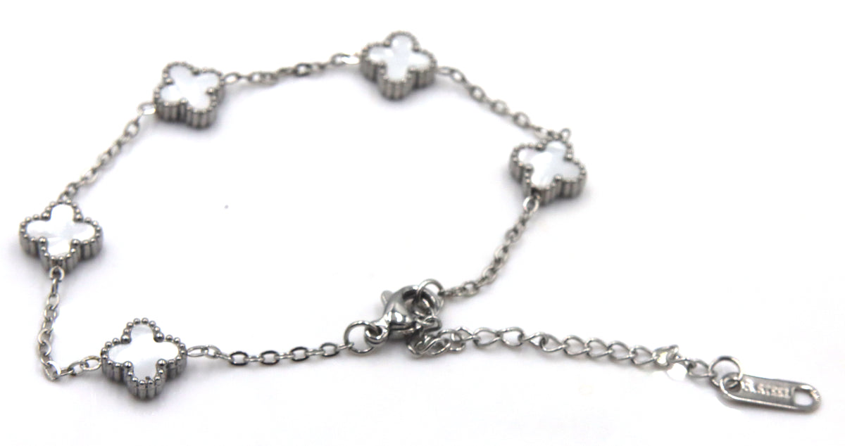 Stainless steel white stone clover bracelet